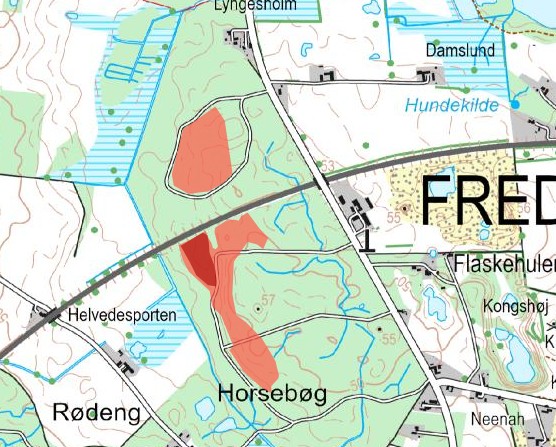 Kort over Horsebøg Skov med markerede stenbestrøninger