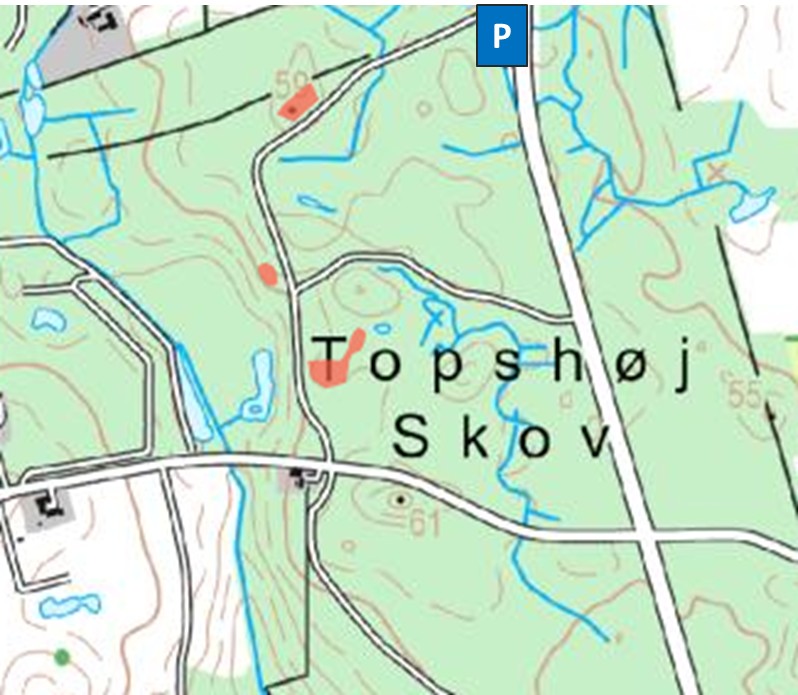 Kort over Topshøj Skov med markerede stenbestrøninger